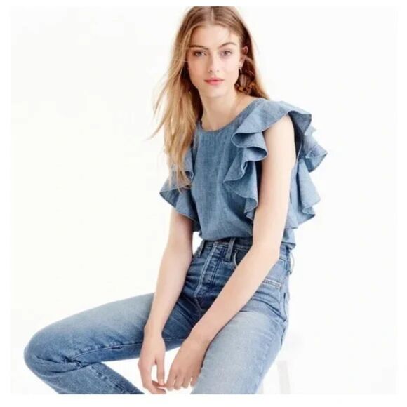 J. Crew Ruffle Cotton Top in Chambray Pullover Size 0 - Picture 2 of 8